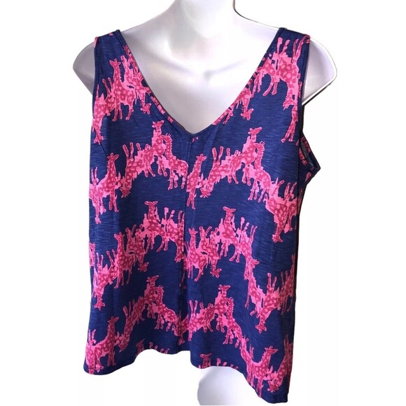 Lilly Pulitzer Blue and Pink Giraffe Print Lightweight V-Neck Tank Top Size L - Picture 4 of 10